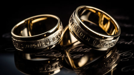Golden wedding rings with engraved date of ceremony, closeup. AI Generativeの素材