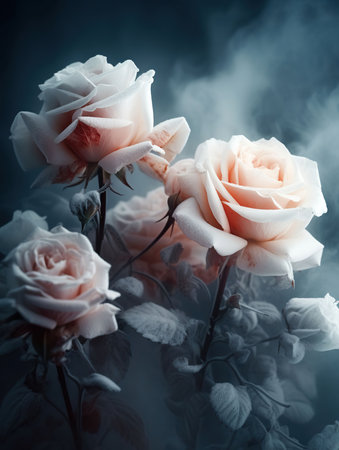 digital art of white roses made of colorful fog ice, clear rose shapes, exquisite roses, ice and snow scenes, AI Generativeの素材