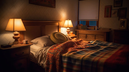 Interior of bedroom with knitted plaid on bed and glowing lamps at night. AI Generativeの素材