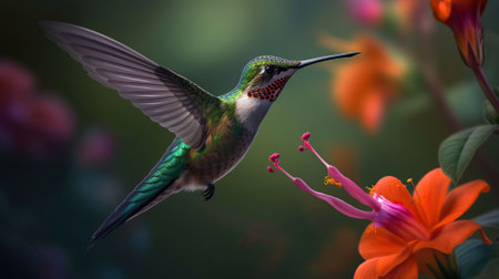 Hummingbird near a flower. AI Generativeの素材