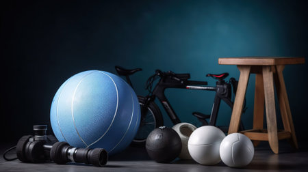 Sports equipment with fitness ball in gym on blue background. AI Generativeの素材