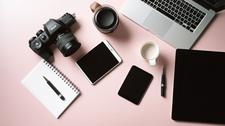 Content creator table concept. Laptop computer, modern wireless electronic gadget, supplies on clean desktop. Background, copy space, close up, flat lay, top view. AI Generativeの素材