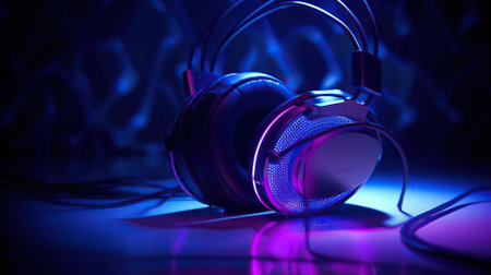Neon head phones in 3D purple rays background. AI Generativeの素材
