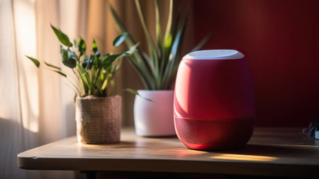 Wireless portable speaker and vase with plant branch on table in room. AI Generativeの素材