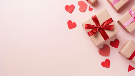 Top view of presents with hearts and copy space, Background with gifts and hearts with free space for text on pastel pink background, Valentines day concept. AI Generativeの素材