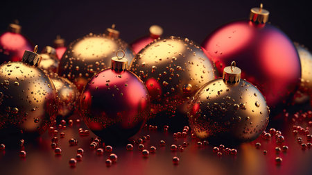 Dissolving , Red and golden christmas baubles with textured surface, AI Generativeの素材