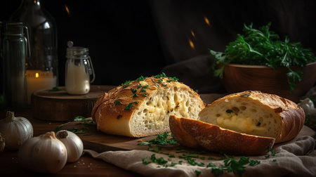 Tasty bread with garlic, cheese and herbs on kitchen table. AI Generativeの素材