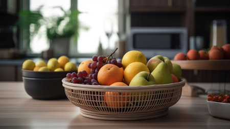 Basket with fresh fruits on wooden table in kitchen, AI Generativeの素材