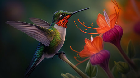 Hummingbird flies near red flowers. AI Generativeの素材