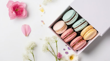 Colorful macaroons in present box with spring flowers on white background. AI Generativeの素材