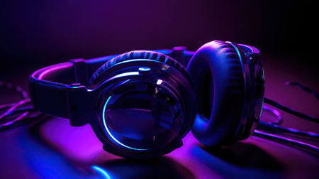 Neon blue head phones in 3D purple rays background. AI Generativeの素材