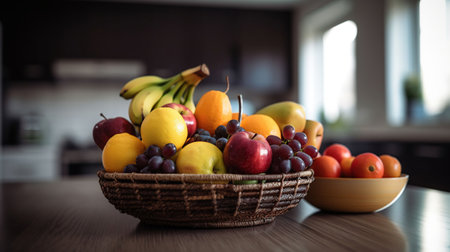 Basket with fresh fruits on wooden table in kitchen, AI Generativeの素材