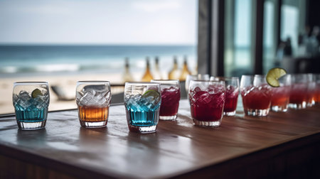 Bar counter on the beach. Glasses with cocktails, sun glasses lie on the table. Concept of relaxing, preparation and summer, AI Generativeの素材