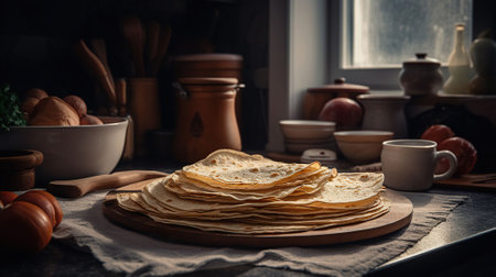 Delicious tortillas on kitchen table, top view, AI Generativeの素材