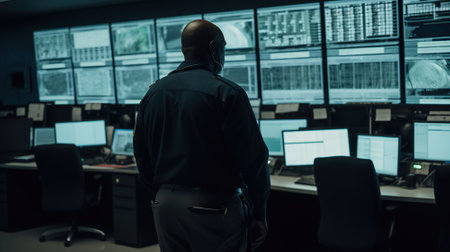 Male security guard working in surveillance room, back view. Generative AIの素材