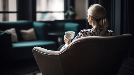 Woman sitting in armchair and drinking coffee, AI Generativeの素材