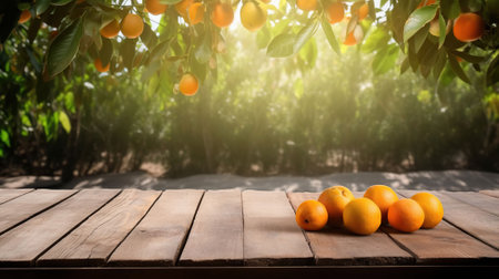 Wooden table place of free space for your decoration and orange trees with fruits in sun light. Copy space, AI Generativeの素材