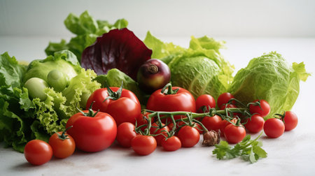 Bunch of mixed vegetables, herbs and greens in a brown paper bag. Vegan diet products. Clean eating concept. Eco friendly bag full of groceries. Top View, AI Generativeの素材