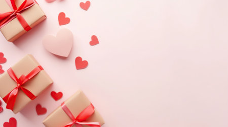 Top view of presents with hearts and copy space, Background with gifts and hearts with free space for text on pastel pink background, AI Generativeの素材