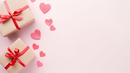Top view of presents with hearts and copy space, Background with gifts and hearts with free space for text on pastel pink background, Flat lay, top view, Valentines day concept. AI Generativeの素材