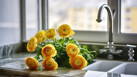 Beautiful lush bouquet of yellow ranunculus flowers on a marble kitchen counter under the window. Buttercups in the sink with running water. Close up, copy space, background, AI Generativeの素材