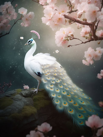 White peacock's glittering feathers, long beautiful jewelry dotted feathers. white peacock perched on branches of peach blossoms, AI Generativeの素材
