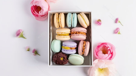 Colorful macaroons in present box with spring flowers on white background. Flat lay, AI Generativeの素材