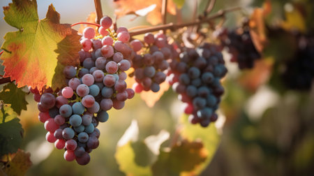 Vineyard in october. Bunches of grapes on branches. Close up, AI Generativeの素材