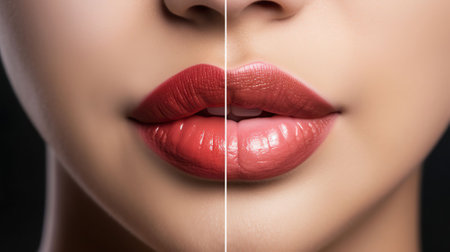 Female lips before and after augmentation procedure. Beauty concept, AI Generativeの素材