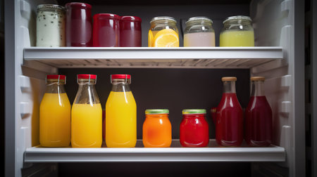 Different products on refrigerator shelves, AI Generativeの素材
