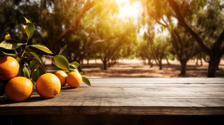 Rustic Charm: Creating a Beautiful Display on a Wooden Table Surrounded by Oranges. Copy space, AI Generativeの素材