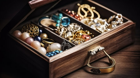 Collection of bijouterie in jewelry box. AI Generativeの素材