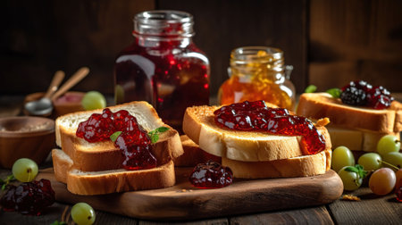 Delicious toasts with sweet jams on wooden background, AI Generativeの素材