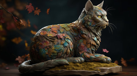 Cat multicolor in autumn color kimono, wooden art nouveau swirls, subsurface scattering, highly detailed, AI Generativeの素材
