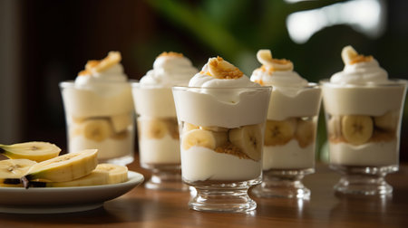 Glasses with delicious banana pudding on table. AI Generativeの素材
