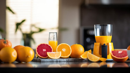 Modern juicer with fresh citrus fruits and glass of juice on table in kitchen. AI Generativeの素材