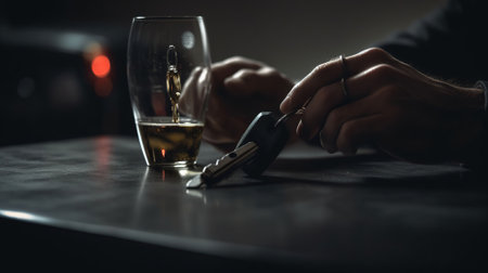 Close up view of man with car key and alcoholic beverage. Don't drink and drive concept, AI Generativeの素材