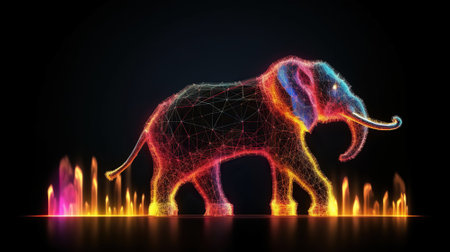 3d model of a colorful Elephant in different colors on black background, in the style of made of wire, light white and orange. Generative AIの素材