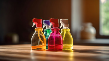 House cleaning product on wood table, free space, commercial photography. AI Generativeの素材
