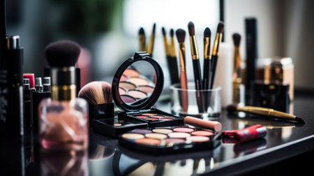 Decorative cosmetics and tools on dressing table in makeup room. AI Generativeの素材