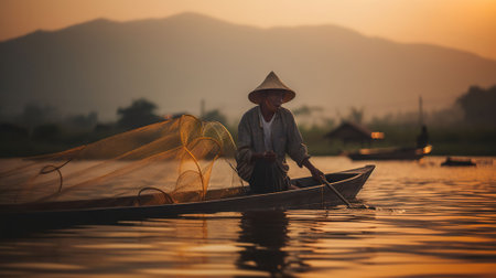 Fisherman at sunset in lake Fishing village. AI Generativeの素材