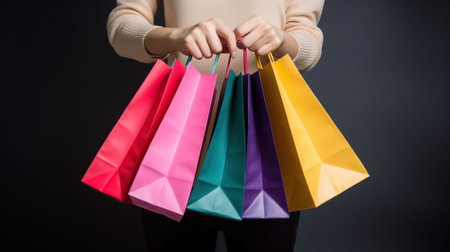 Cropped shot of female hand holding bunch of different colorful blank shopping bags over isolated black background. Many packets with in womans arms. Black friday sale concept. AI Generativeの素材