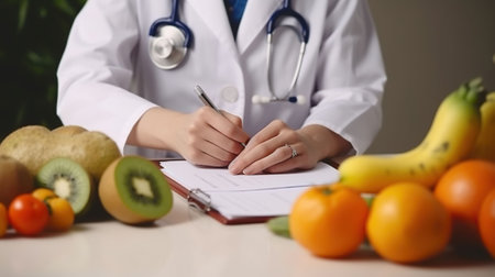 Nutritionist doctor writing diet plan on table. AI Generativeの素材