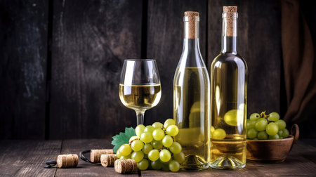Vintage bottle of white wine without label and bunches of ripe organic grapes on grunged wood table background. Expensive bottle of chardonnay concept. Copy space, top view, flat lay. AI Generativeの素材