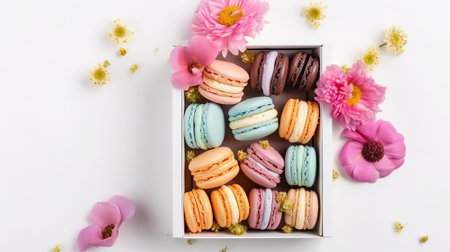 Colorful Macaroons and Spring Flowers, A Perfect Pairing for a Special Occasion. AI Generativeの素材