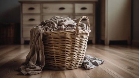 Basket with dirty laundry on floor, AI Generativeの素材