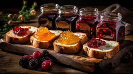 Delicious toasts with sweet jams on wooden background, AI Generativeの素材