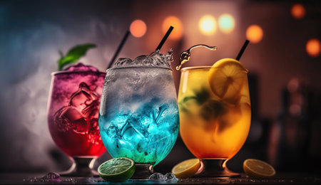 Cocktails drinks on the bar, blured background, hyper-detailed. AI Generativeの素材