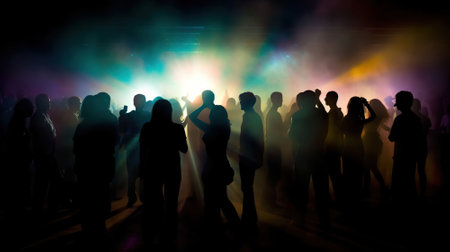 Party crowd silhouette on a disco lights background. AI Generativeの素材