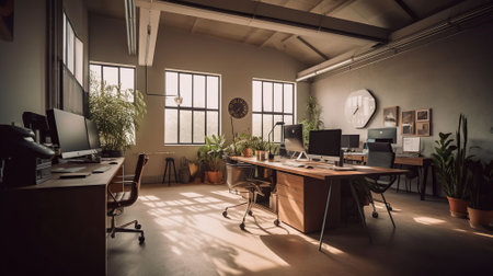 Spacious, well-lit, empty office with comfy interiors. AI Generativeの素材